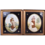 A PAIR OF VICTORIAN WOOLWORK PICTURES, depicting females in landscapes, Sothebys Belgravia label ve
