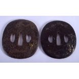 A PAIR OF 19TH CENTURY JAPANESE MEIJI PERIOD GOLD INLAID IRON TSUBA decorated with a horse and figu