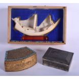A JAPANESE TAISHO PERIOD SPELTER BOX together with a Tibetan box & a Late Qing ivory boat. (3)