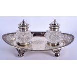 A VICTORIAN SILVER TWIN BOTTLE INKWELL. London 1875. 12.6 oz. 24 cm wide.