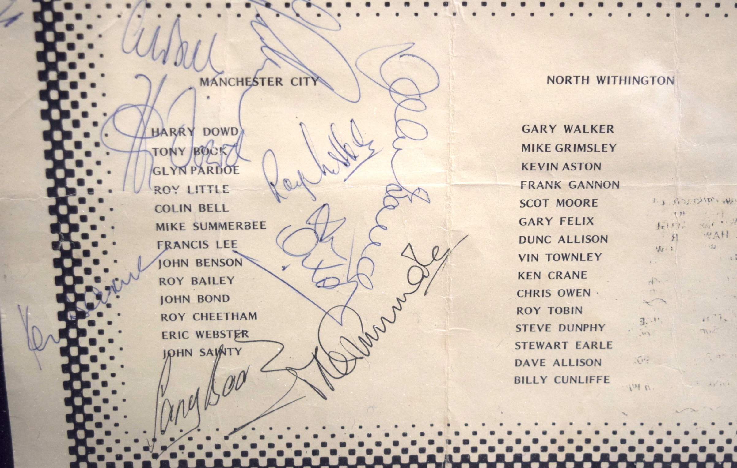 A MANCHESTER CITY FOOTBALL CLUB FRAMED AUTOGRAPH PROGRAMME, including Colin Bell & Mike Summerbee. - Image 2 of 2