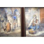 RO CHERIF (Turkish) FRAMED PAIR WATERCOLOUR, seated tradesman, signed. 19.5 cm x 14.5 cm.