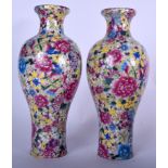 A PAIR OF CHINESE MILLEFIORI PORCELAIN VASE BEARING QIANLONG MARKS, baluster in shape. 30 cm high.