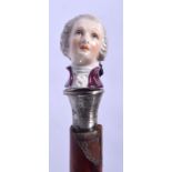 A RARE 19TH CENTURY MEISSEN PORCELAIN HEADED CANE with full length tortoiseshell wrapped cane. 88 c