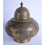 A RARE 18TH/19TH CENTURY SILVER INLAID ISLAMIC BRASS CASED GLASS decorated with Kufic script. 21 cm