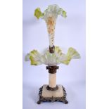 A LATE VICTORIAN/EDWARDIAN GREEN VASELINE GLASS EPERGNE. 45 cm high.