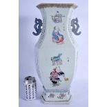 A LARGE CHINESE FAMILLE ROSE TWIN HANDLED PORCELAIN VASE 20th Century, depicting figures and callig