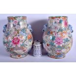 A GOOD PAIR OF ELEGANT 19TH CENTURY CHINESE MILLE-FLEURS VASES Qing, bearing Qianlong marks to base