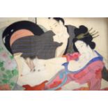 JAPANESE SCHOOL (20th century) UNFRAMED WATERCOLOUR ON SILK, a male performing an act of love. 19.5