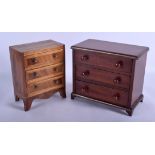 AN EDWARDIAN APPRENTICE MAHOGANY MINIATURE CHEST OF DRAWERS with another similar chest. Largest 21