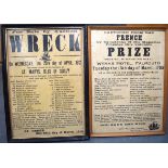 A RARE 18TH CENTURY FRAMED SHIPWRECK AUCTION POSTER, together with an early 19th century example. L