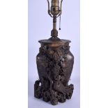 A 19TH CENTURY CHINESE CARVED SOAPSTONE VASE converted to a lamp. Vase 28 cm x 17 cm.