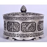 A CHINESE WHITE METAL RETICULATED BOX AND COVER, decorated with panels of precious objects. 10.5 cm