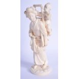 A 19TH CENTURY JAPANESE MEIJI PERIOD CARVED IVORY OKIMONO modelled holding fruit within her skirt.