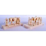 A PAIR 19TH CENTURY ANGLO INDIAN CARVED IVORY PROCESSION GROUPS modelled upon rectangular bases. 21