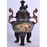 A LARGE CHINESE TWIN HANDLED BRONZE CLOISONNE ENAMEL CENSER BEARING QIANLONG MARKS, formed with a f