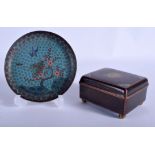 AN EARLY 20TH CENTURY CHINESE CLOISONNE ENAMEL BOX together with a cloisonne dish. 9 cm & 12 cm wid