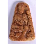 A CHINESE CARVED MUTTON JADE PENDANT, depicting a seated Guanyin holding vessel. 6.25 cm x 4.25 cm