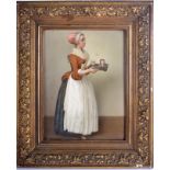 A LARGE KPM BERLIN PORCELAIN PLAQUE depicting a female carrying teacups. Image 19 cm x 23 cm.