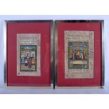 A PAIR OF 19TH CENTURY PERSIAN ILLUMINATED MANUSCRIPTS depicting interior scenes. Image 13 cm x 22