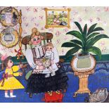 EMILY (British) FRAMED OIL ON BOARD, signed, a female seated in an interior with children at play.
