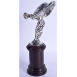 A ROLLS ROYCE SPIRIT OF ECSTASY CHROME CAR MASCOT upon an ebonised base. 19 cm high.