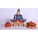 A JAPANESE LACQUERED FIGURE, together with two lacquer boxes. Figure 24 cm x 21 cm. (3)