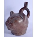 A SOUTH AMERICAN PRE COLUMBIAN AZTEC POTTERY SPOTTED LEOPARD JUG. 19 cm wide.