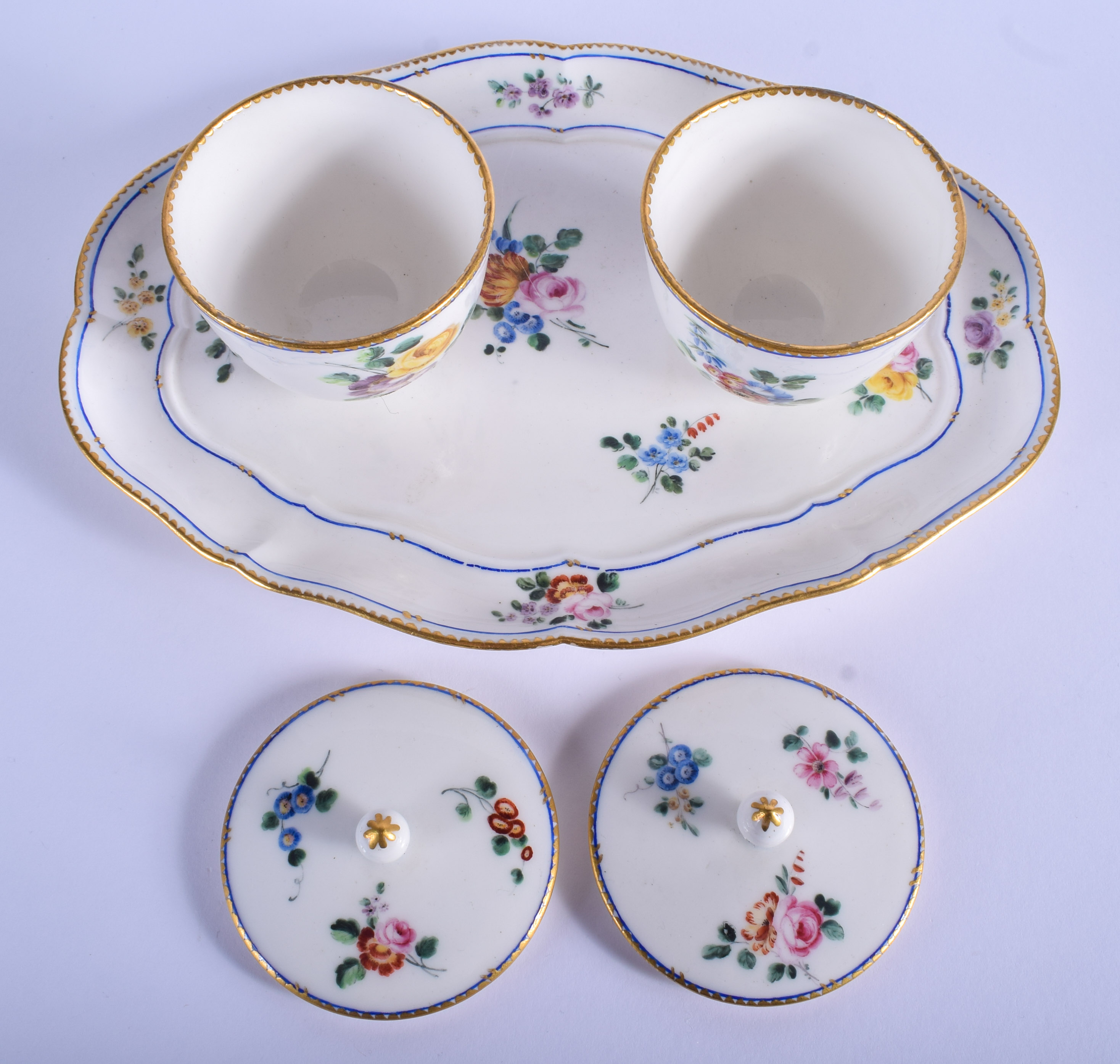 18th c. Sevres double preserve-stand and two covers (plateau a deux pots de confitures) painted wi - Image 3 of 4