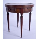 AN ANTIQUE MINIATURE APPRENTICE MAHOGANY CIRCULAR TABLE with pull out drawers. 16 cm x 14 cm.