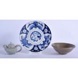 A 19TH CENTURY JAPANESE MEIJI PERIOD BLUE AND WHITE PLATE together with a Ming bowl & a teapot. (3)