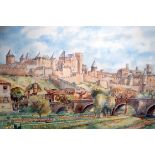 ROBERT (European) FRAMED WATERCOLOUR, signed, a castle in a landscape. 23 cm x 34 cm.