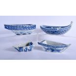 FOUR 18TH/19TH CENTURY JAPANESE EDO PERIOD BLUE AND WHITE BOATS possibly Ikebana baskets, painted w
