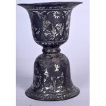 A SILVER INLAID BIDRI VESSEL, decorated with foliage. 14 cm high.