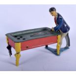 AN EARLY 20TH CENTURY TINPLATE AUTOMATON BILLIARD PLAYER. 17 cm x 12 cm.