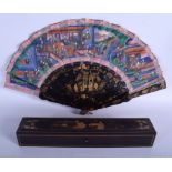 AN EARLY 19TH CENTURY CHINESE EXPORT PAINTED LACQUER FAN Qing. 52 cm wide.