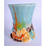 AN ART DECO CLARICE CLIFF BIZARRE POTTERY VASE decorated with foliage and vines. 11 cm x 8 cm.