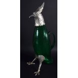 A LARGE 1950S SPANISH SILVER GREEN GLASS CLARET JUG. 37 cm high.
