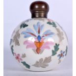 AN EARLY 20TH CENTURY FRENCH BULBOUS GLASS SCENT BOTTLE, painted with foliage. 13 cm x 9.5 cm.