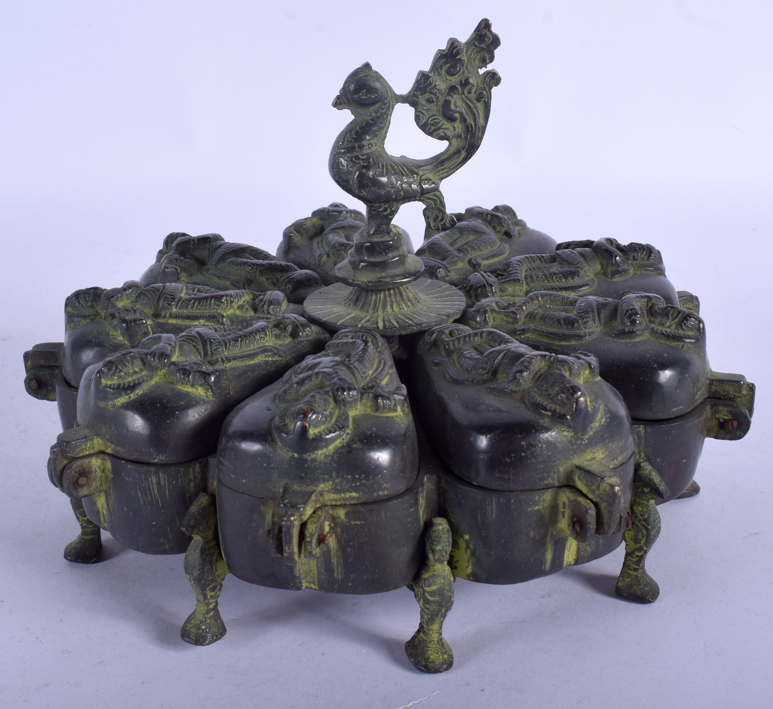 A LARGE EARLY 20TH CENTURY INDIAN BRONZE PANDAN SPICE BOX decorated with Buddhistic figures. 20 cm