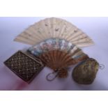 A CARVED BONE FAN, together with another fan and two purses. (4)