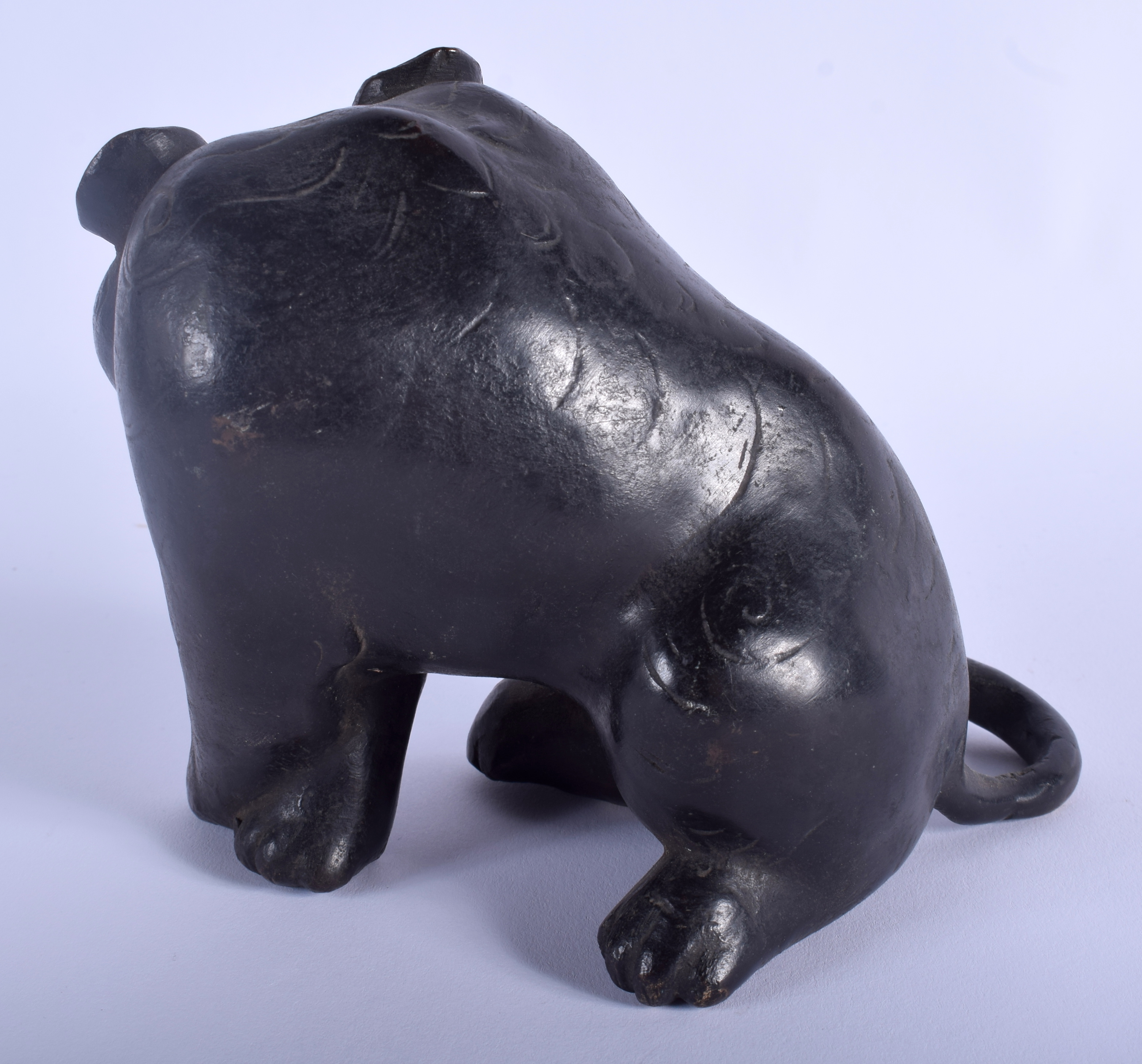 A 19TH CENTURY JAPANESE MEIJI PERIOD BRONZE OKIMONO modelled as a scowling cat. 15 cm x 13 cm. - Image 2 of 4