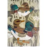 SHEILA FINN (b.1929) FRAMED LINOCUT, signed in pencil, “Ducks”, label verso. 37 cm x 27 cm.