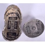 TWO CHINESE WHITE METAL INGOTS. Largest 9 cm wide. (2)