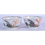 A PAIR OF 18TH CENTURY CHINESE FAMILLE ROSE CHICKEN TEA BOWLS Qianlong. 8 cm wide.