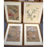 CHINESE SCHOOL (20th century) FRAMED SET OF FOUR WATERCOLOUR ON SILK, birds amongst foliage. 36 cm