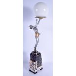 A LARGE ART DECO COLD PAINTED SPELTER LAMP modelled holding aloft a globe. 52 cm high not inc globe