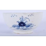18TH C. LOWESTOFT BOWL PAINTED IN BLUE WITH CHINESE A LANDSCAPE. 6cm High and 12.5cm wide