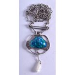 AN ARTS AND CRAFTS SILVER ENAMEL AND BAROQUE PEARL NECKLACE. Pendant 3 cm x 4.5 cm.
