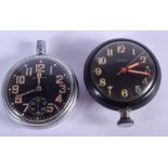 A MILITARY WALTHAM BLACK DIAL POCKET WATCH and another. 5 cm wide. (2)